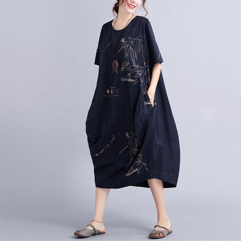 New Black Linen Knee Dress Oversized Linen Clothing Dress 2025 Short Sleeve Prints Linen Cotton Dress