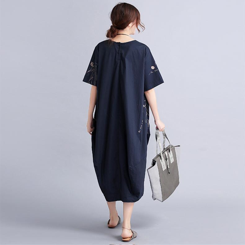 New Black Linen Knee Dress Oversized Linen Clothing Dress 2025 Short Sleeve Prints Linen Cotton Dress