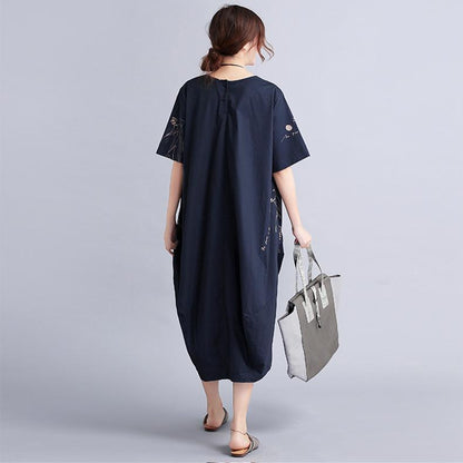 New Black Linen Knee Dress Oversized Linen Clothing Dress 2025 Short Sleeve Prints Linen Cotton Dress