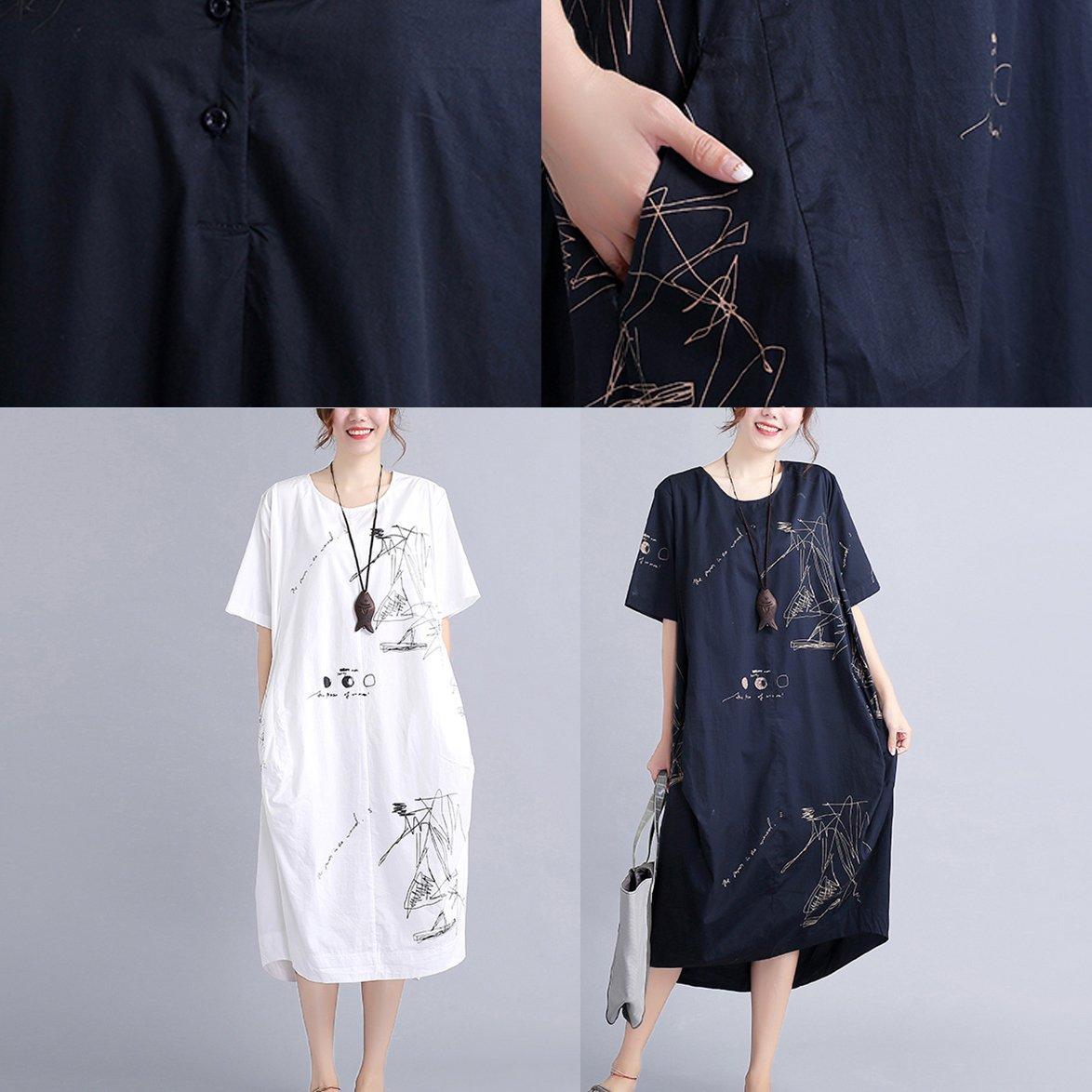 New Black Linen Knee Dress Oversized Linen Clothing Dress 2025 Short Sleeve Prints Linen Cotton Dress