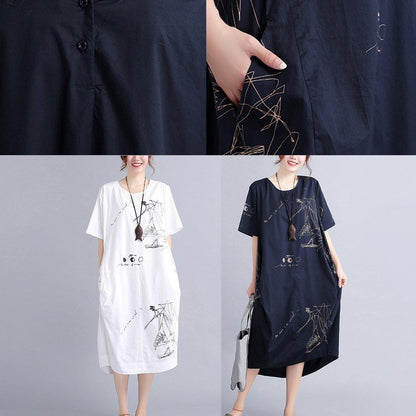 New Black Linen Knee Dress Oversized Linen Clothing Dress 2025 Short Sleeve Prints Linen Cotton Dress