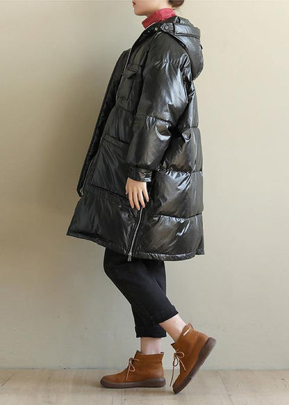 New black overcoat oversize snow jackets hooded zippered coats - SooLinen