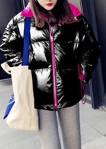 New black patchwork down coat winter Loose fitting snow jackets stand collar zippered New overcoat - SooLinen