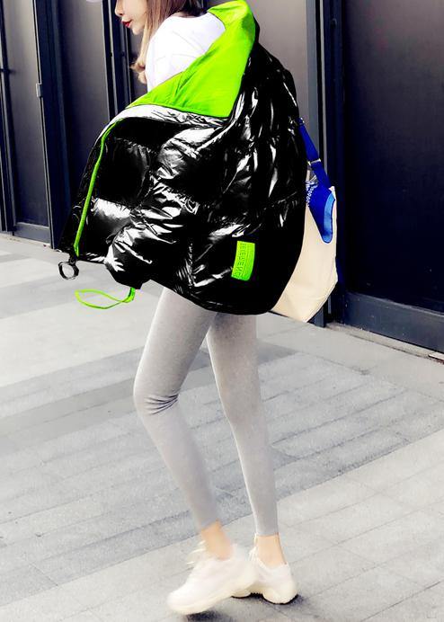 New black patchwork down coat winter Loose fitting snow jackets stand collar zippered New overcoat - SooLinen