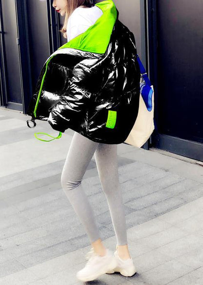 New black patchwork down coat winter Loose fitting snow jackets stand collar zippered New overcoat - SooLinen