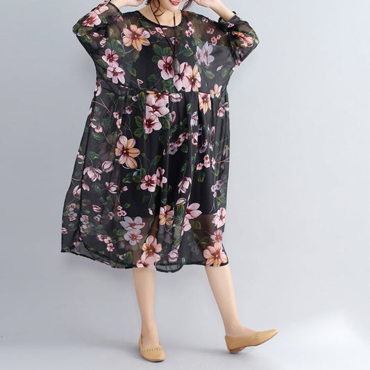New black prints chiffon dresses plus size casual dress long sleeve two pieces dress