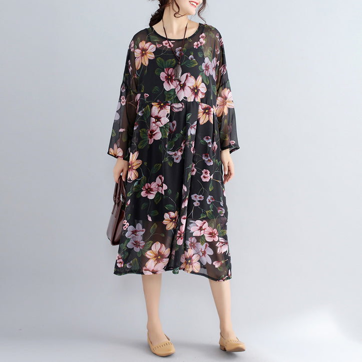 New black prints chiffon dresses plus size casual dress long sleeve two pieces dress