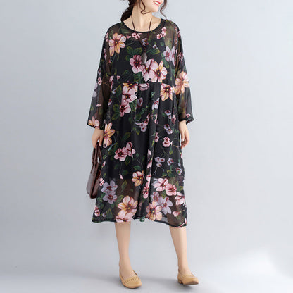 New black prints chiffon dresses plus size casual dress long sleeve two pieces dress