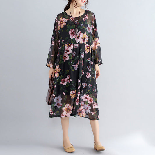 New black prints chiffon dresses plus size casual dress long sleeve two pieces dress
