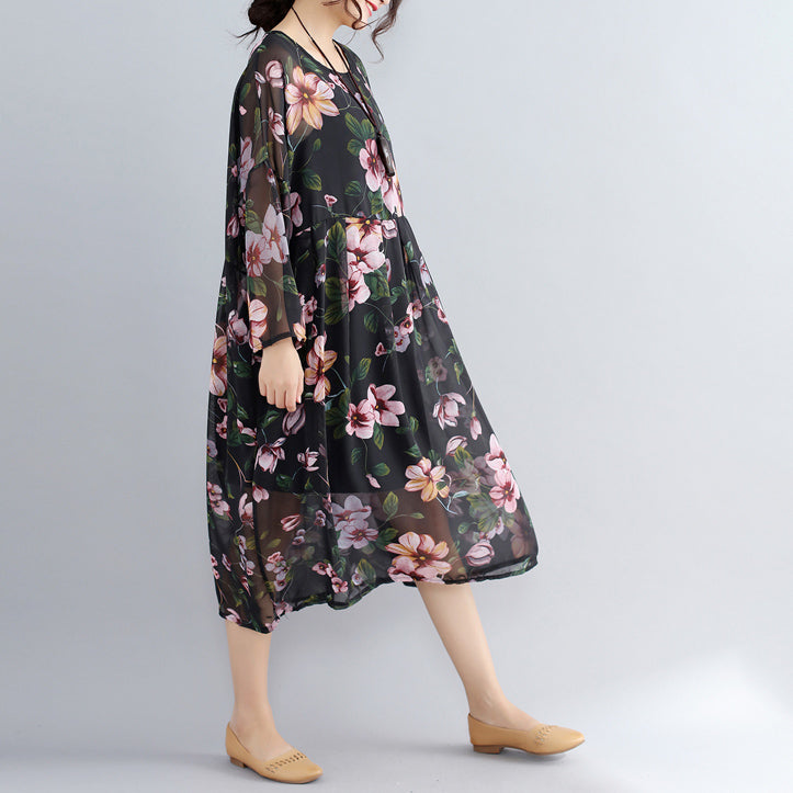 New black prints chiffon dresses plus size casual dress long sleeve two pieces dress