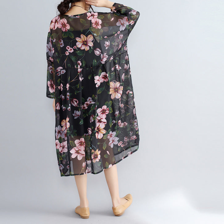 New black prints chiffon dresses plus size casual dress long sleeve two pieces dress