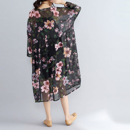 New black prints chiffon dresses plus size casual dress long sleeve two pieces dress