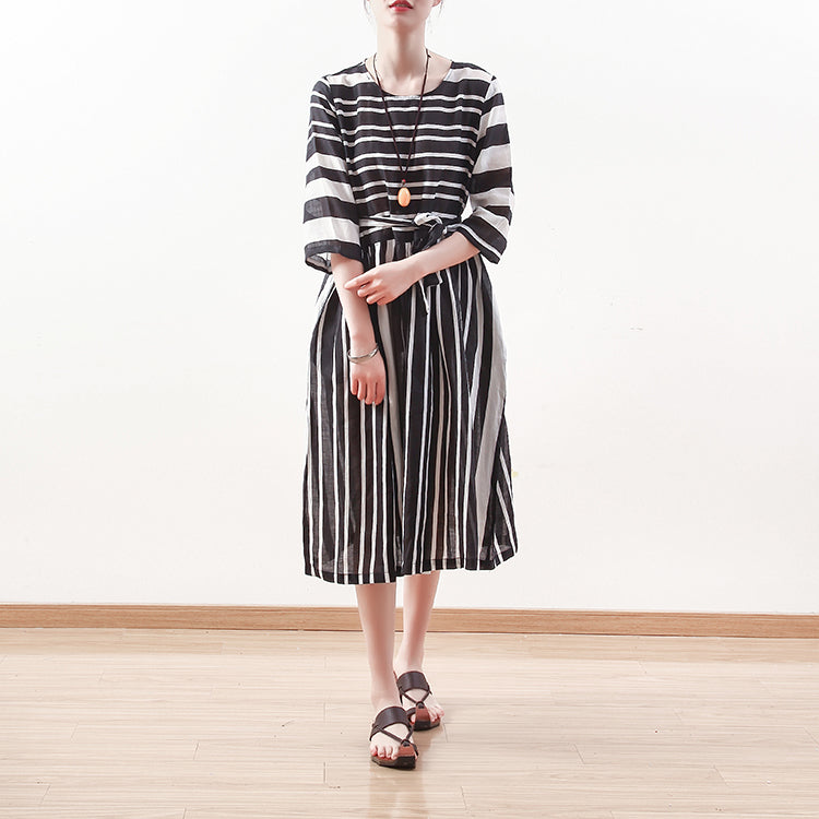New black white striped natural linen dress Loose fitting tie waist traveling clothing Elegant bracelet sleeved gown