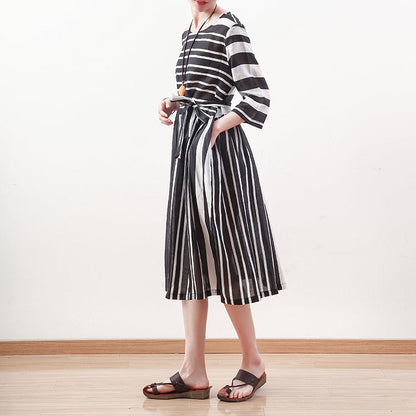 New black white striped natural linen dress Loose fitting tie waist traveling clothing Elegant bracelet sleeved gown