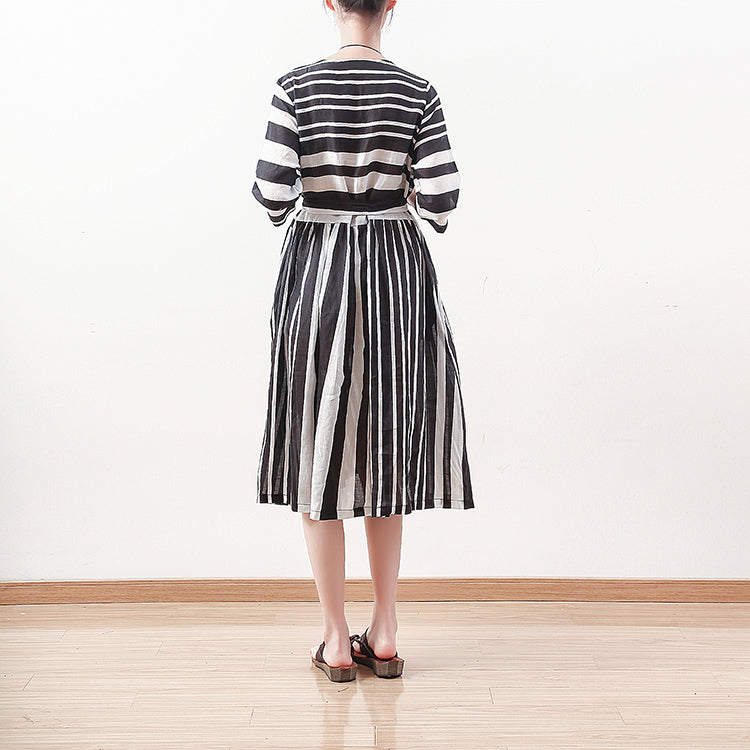 New black white striped natural linen dress Loose fitting tie waist traveling clothing Elegant bracelet sleeved gown