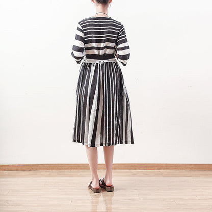 New black white striped natural linen dress Loose fitting tie waist traveling clothing Elegant bracelet sleeved gown