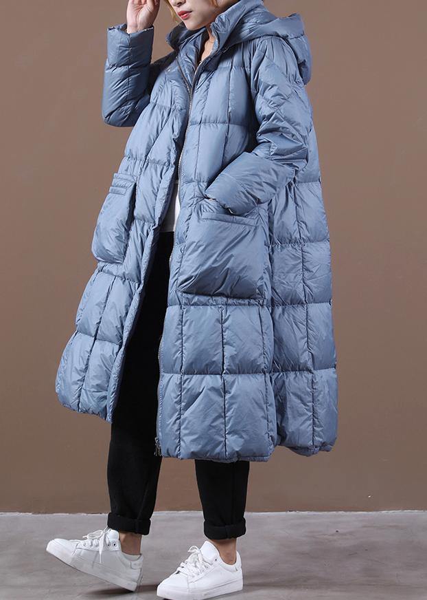 New blue down coat winter casual down jacket hooded zippered Casual outwear - SooLinen