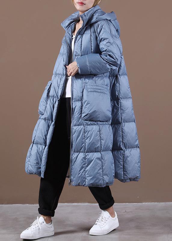 New blue down coat winter casual down jacket hooded zippered Casual outwear - SooLinen