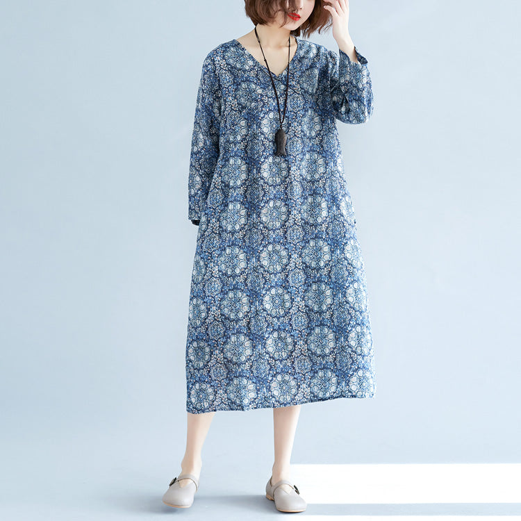 New blue print long linen dress plus size clothing v neck baggy dresses traveling clothing vintage long sleeve pockets dresses