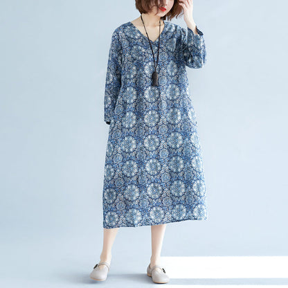 New blue print long linen dress plus size clothing v neck baggy dresses traveling clothing vintage long sleeve pockets dresses