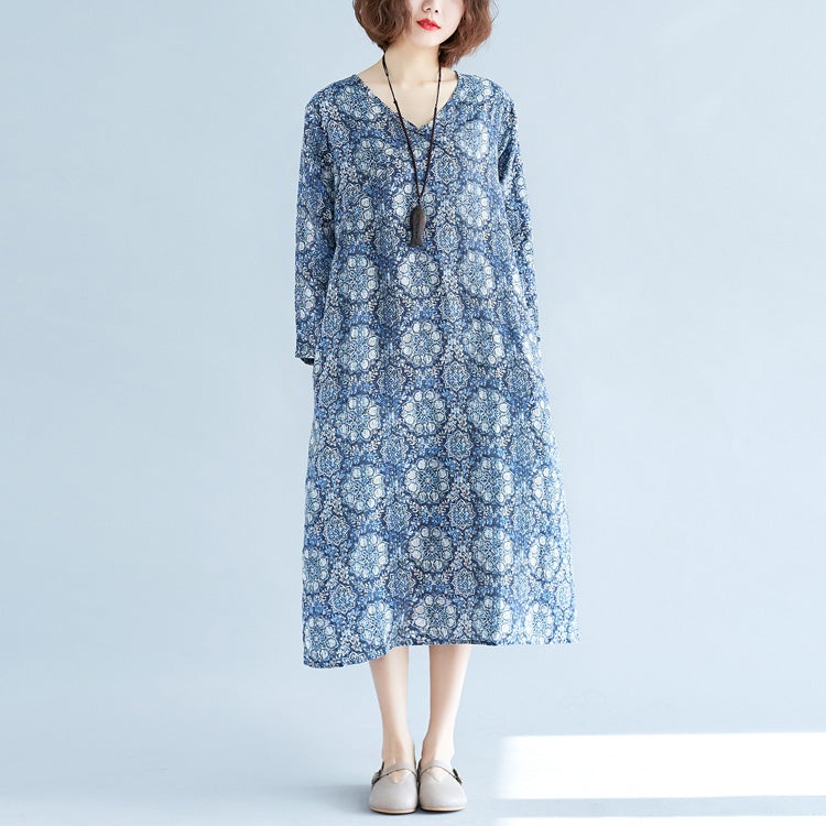 New blue print long linen dress plus size clothing v neck baggy dresses traveling clothing vintage long sleeve pockets dresses