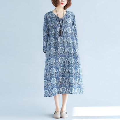 New blue print long linen dress plus size clothing v neck baggy dresses traveling clothing vintage long sleeve pockets dresses