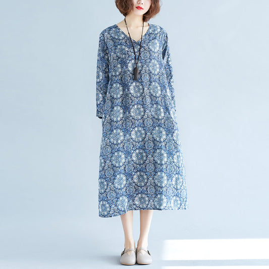 New blue print long linen dress plus size clothing v neck baggy dresses traveling clothing vintage long sleeve pockets dresses