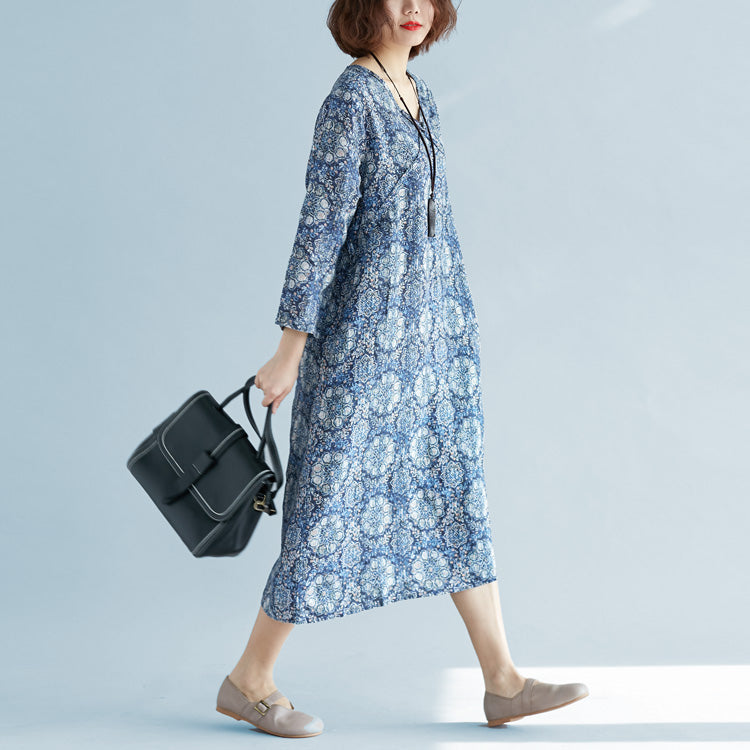 New blue print long linen dress plus size clothing v neck baggy dresses traveling clothing vintage long sleeve pockets dresses