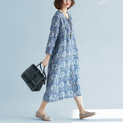 New blue print long linen dress plus size clothing v neck baggy dresses traveling clothing vintage long sleeve pockets dresses
