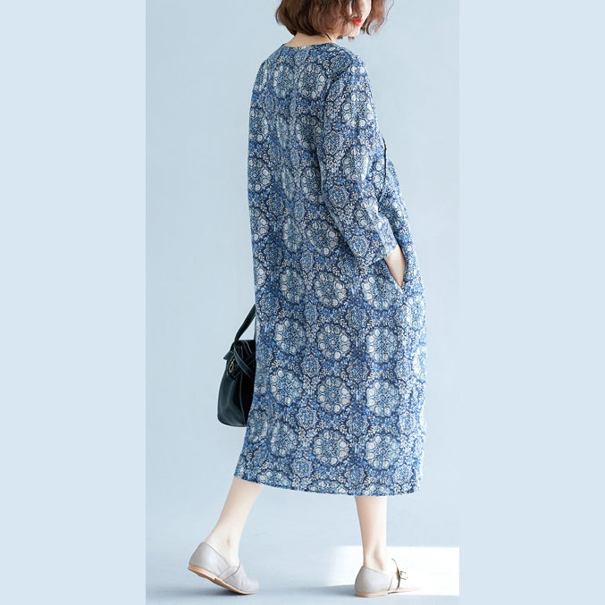 New blue print long linen dress plus size clothing v neck baggy dresses traveling clothing vintage long sleeve pockets dresses