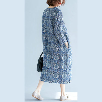 New blue print long linen dress plus size clothing v neck baggy dresses traveling clothing vintage long sleeve pockets dresses
