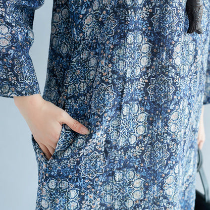 New blue print long linen dress plus size clothing v neck baggy dresses traveling clothing vintage long sleeve pockets dresses