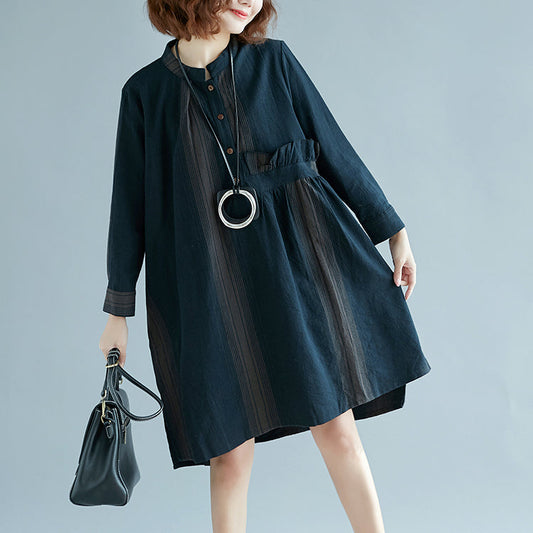 New blue striped cotton linen dress trendy plus size casual long sleeve baggy dresses Stand side open linen cotton dress