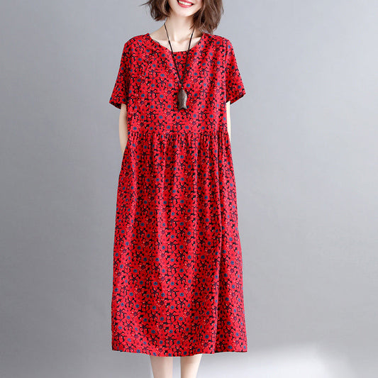 New burgundy print cotton linen dresses casual short sleeve maxi dress vintage o neck caftans