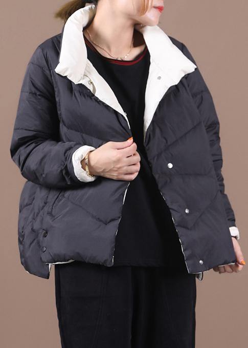 New casual down jacket coats black stand collar pockets warm winter coat - SooLinen