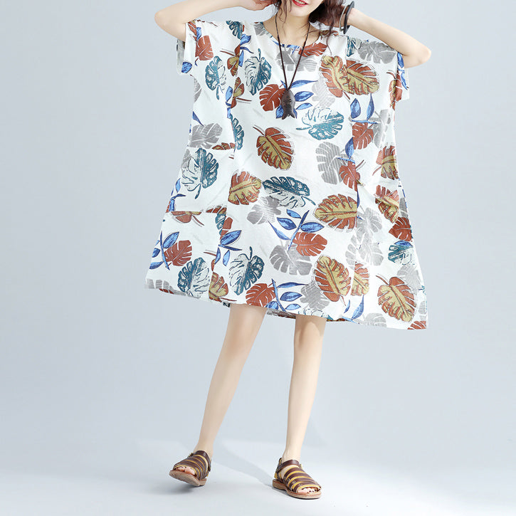 New floral Midi-length linen dress oversized linen cotton dress fine short sleeve o neck linen clothing dresses