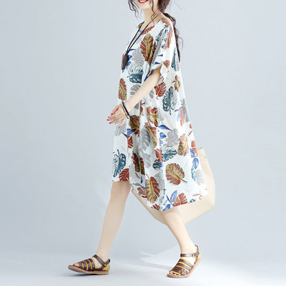 New floral Midi-length linen dress oversized linen cotton dress fine short sleeve o neck linen clothing dresses