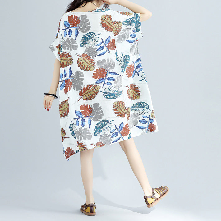 New floral Midi-length linen dress oversized linen cotton dress fine short sleeve o neck linen clothing dresses