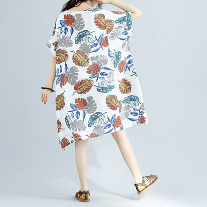 New floral Midi-length linen dress oversized linen cotton dress fine short sleeve o neck linen clothing dresses