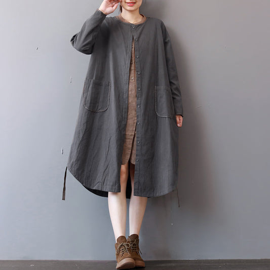 New gray cotton dress plus size stand collar cotton maxi dress Elegant long sleeve autumn shirt dress