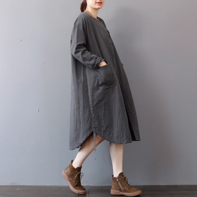 New gray cotton dress plus size stand collar cotton maxi dress Elegant long sleeve autumn shirt dress