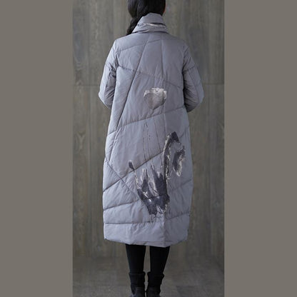 New gray print winter down coat oversized tassel New pockets down coat