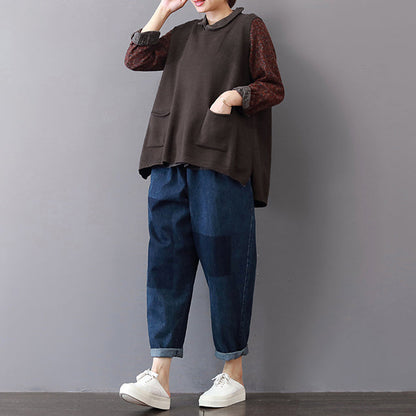 New khaki cozy sweater Loose fitting lapel collar sweaters 2018 sleeveless top