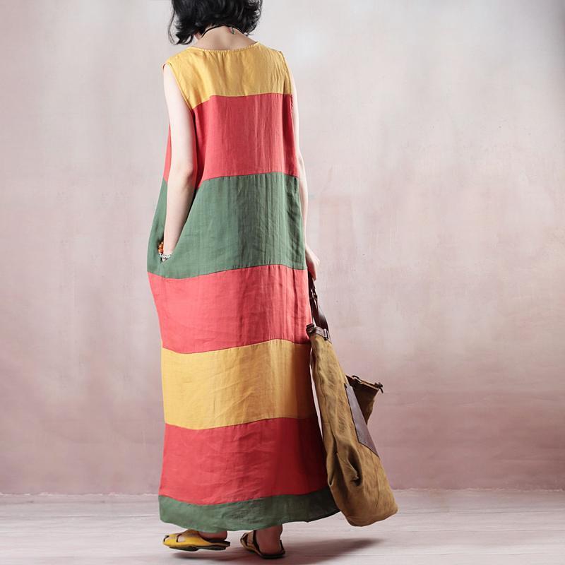 New multicolor striped linen maxi dress trendy plus size O neck linen maxi dress Fine Sleeveless baggy dresses