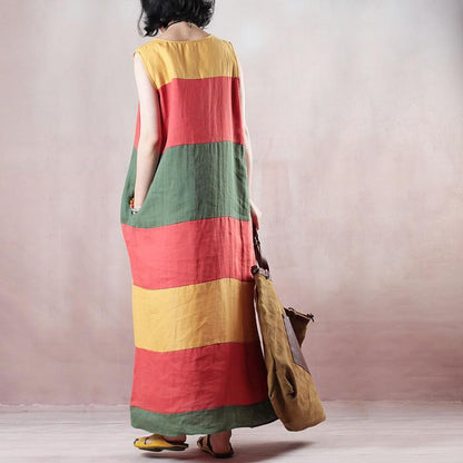 New multicolor striped linen maxi dress trendy plus size O neck linen maxi dress Fine Sleeveless baggy dresses