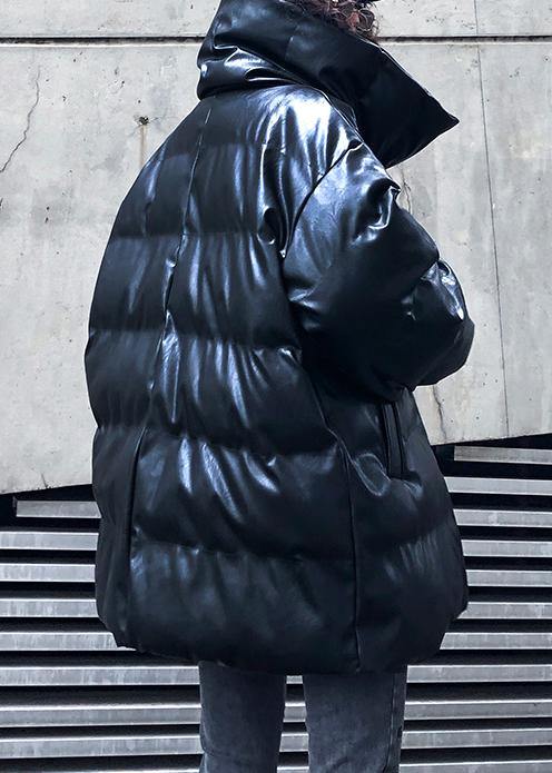 New oversized warm winter coat black high neck Button women parka - SooLinen