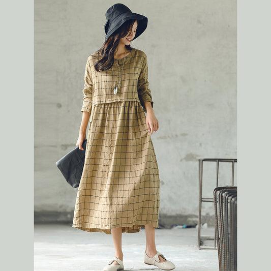 New plaid 2018 fall dress plus size O neck baggy caftans casual large hem linen dresses
