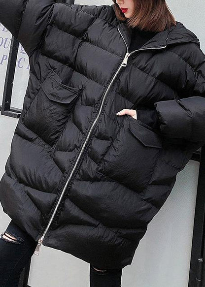 New plus size clothing snow jackets big pockets coats black hooded zippered winter outwear - SooLinen