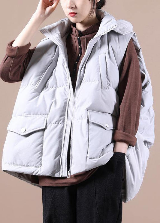New plus size snow jackets Jackets light gray stand collar pockets duck down Vest - SooLinen