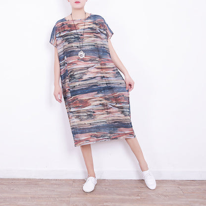 New prints natural blended dress plus size clothing o neck blended maxi dress boutique short sleeve blended caftans